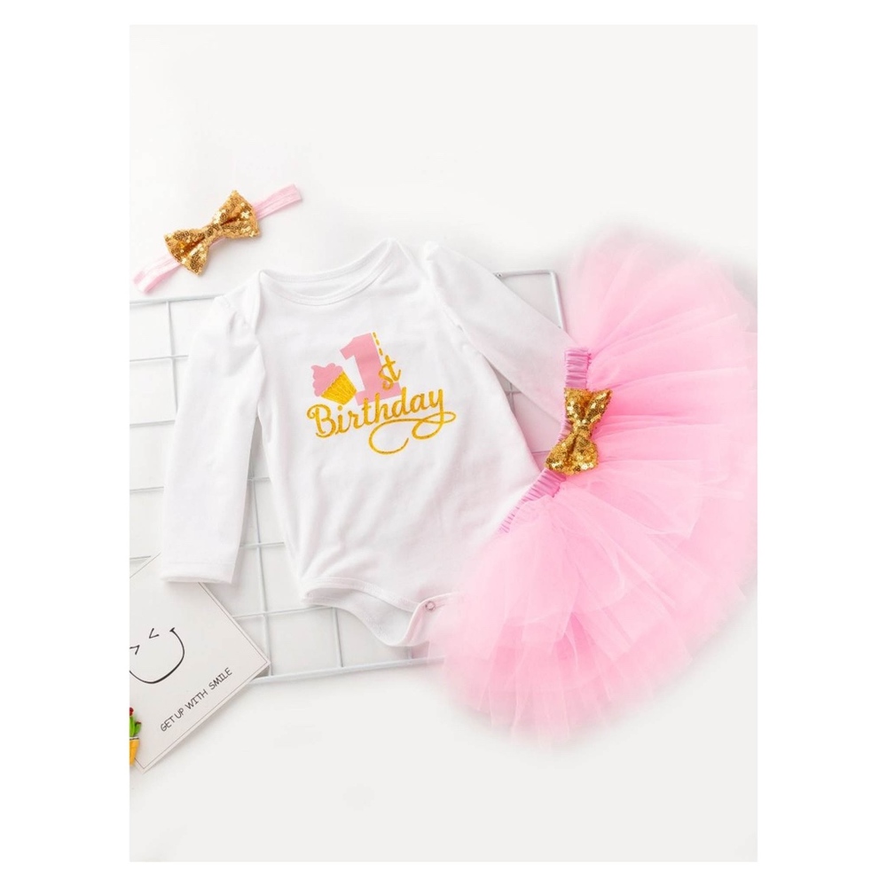 White Pink 3 Piece Onsie Tutu Skirt 1 Birthday Set - Picture 7 of 8
